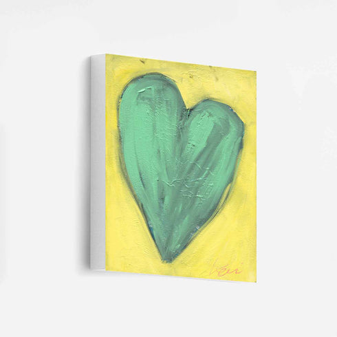 Love Note 2 art print: a tall green-teal heart with thick textured brushstrokes on a bright yellow background, signed in pink, printed on stretched canvas