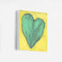 Love Note 2 art print: a tall green-teal heart with thick textured brushstrokes on a bright yellow background, signed in pink, printed on stretched canvas