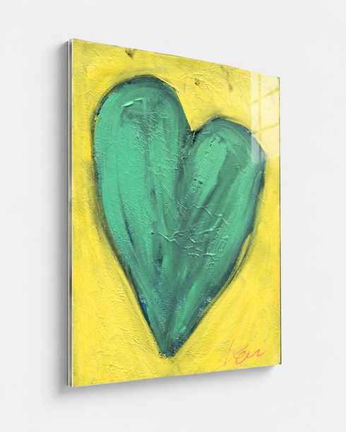 Love Note 2 art print: a tall green-teal heart with thick textured brushstrokes on a bright yellow background, signed in pink, mounted under plexi with a frameless finish