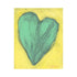 Love Note 2 art print: a tall green-teal heart with thick textured brushstrokes on a bright yellow background, signed in pink, shown as an unframed print