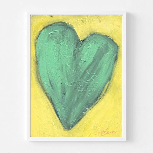 Love Note 2 art print: a tall green-teal heart with thick textured brushstrokes on a bright yellow background, signed in pink, in a white frame