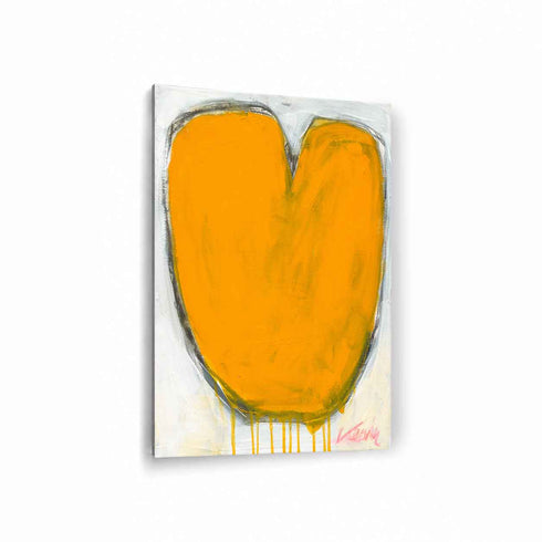 Love Note 1 art print: a bold orange heart with a rounded, tulip-like shape and a dark charcoal outline with paint drips running down, on an off-white background, printed on brushed aluminum