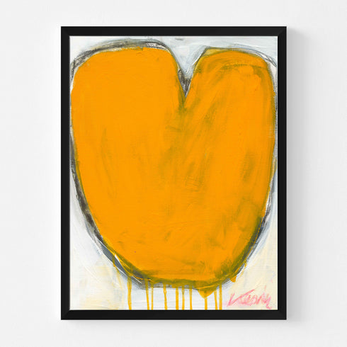 Love Note 1 art print: a bold orange heart with a rounded, tulip-like shape and a dark charcoal outline with paint drips running down, on an off-white background, in a black frame