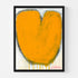 Love Note 1 art print: a bold orange heart with a rounded, tulip-like shape and a dark charcoal outline with paint drips running down, on an off-white background, in a black frame