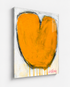 Love Note 1 art print: a bold orange heart with a rounded, tulip-like shape and a dark charcoal outline with paint drips running down, on an off-white background, mounted under plexi with a frameless finish