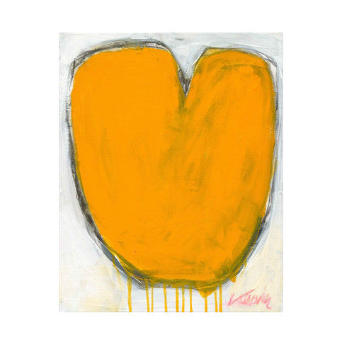 Love Note 1 art print: a bold orange heart with a rounded, tulip-like shape and a dark charcoal outline with paint drips running down, on an off-white background, shown as an unframed print