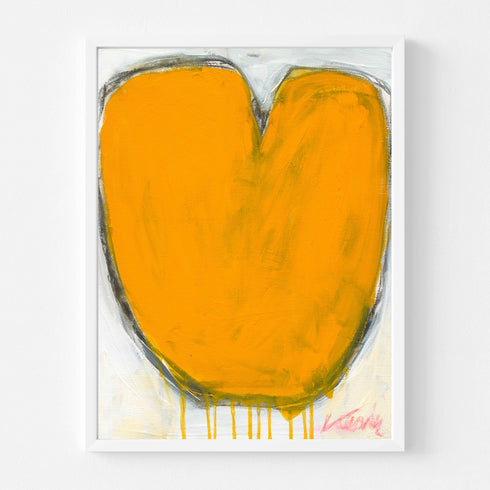 Love Note 1 art print: a bold orange heart with a rounded, tulip-like shape and a dark charcoal outline with paint drips running down, on an off-white background, in a white frame