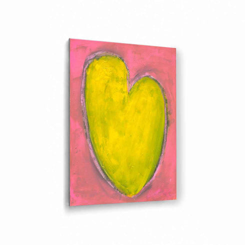 Love Note 4 art print: a tall yellow-green heart with a light outline on a bright pink background, printed on brushed aluminum