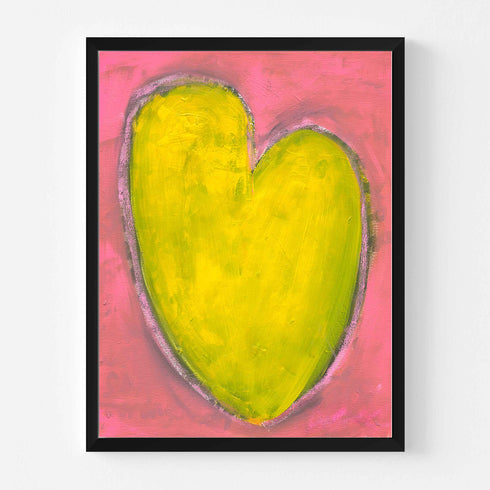 Love Note 4 art print: a tall yellow-green heart with a light outline on a bright pink background, in a black frame