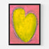 Love Note 4 art print: a tall yellow-green heart with a light outline on a bright pink background, in a black frame