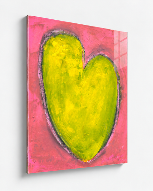 Love Note 4 art print: a tall yellow-green heart with a light outline on a bright pink background, mounted under plexi with a frameless finish