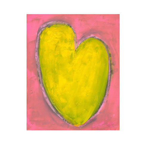 Love Note 4 art print: a tall yellow-green heart with a light outline on a bright pink background, shown as an unframed print