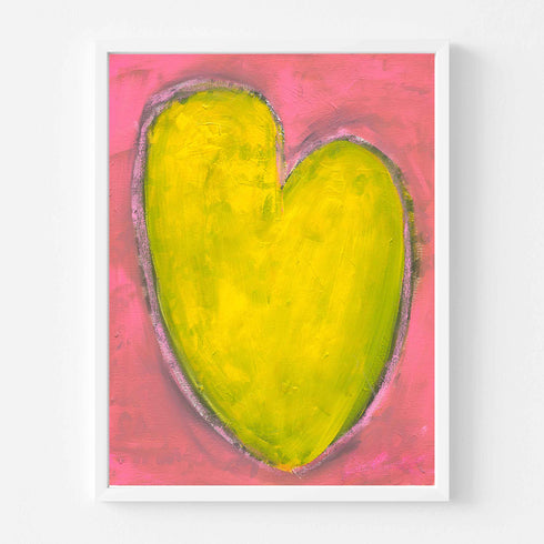 Love Note 4 art print: a tall yellow-green heart with a light outline on a bright pink background, in a white frame
