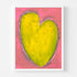 Love Note 4 art print: a tall yellow-green heart with a light outline on a bright pink background, in a white frame