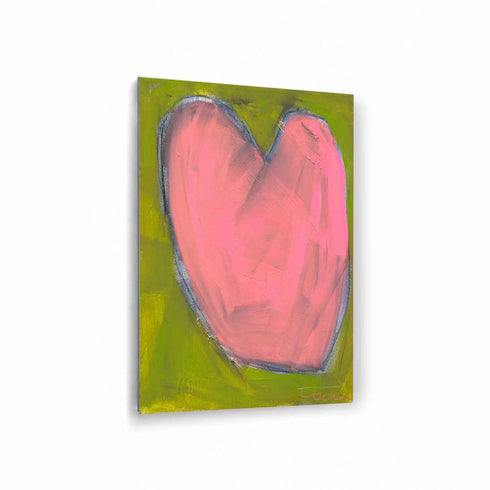 Love Note 3 art print: a pink heart with a gray-blue outline on an olive-green background, printed on brushed aluminum