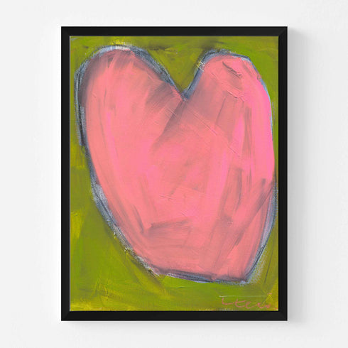 Love Note 3 art print: a pink heart with a gray-blue outline on an olive-green background, in a black frame