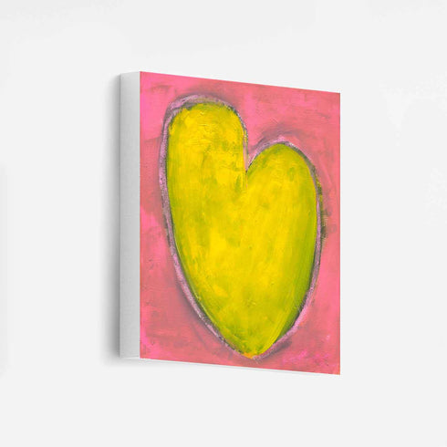 Love Note 4 art print: a tall yellow-green heart with a light outline on a bright pink background, on stretched canvas