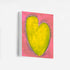 Love Note 4 art print: a tall yellow-green heart with a light outline on a bright pink background, on stretched canvas