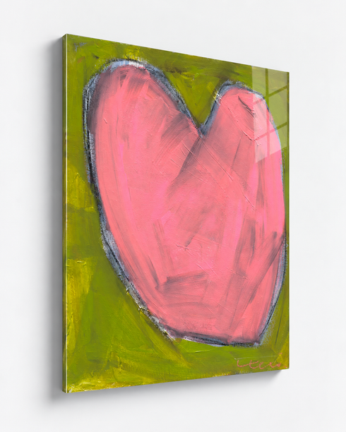 Love Note 3 art print: a pink heart with a gray-blue outline on an olive-green background, mounted under plexi with a frameless finish