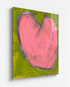 Love Note 3 art print: a pink heart with a gray-blue outline on an olive-green background, mounted under plexi with a frameless finish