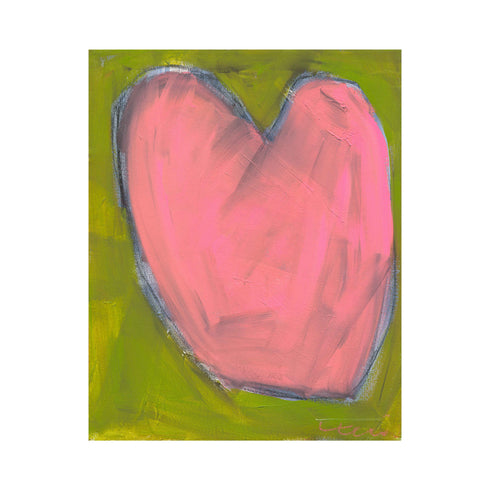 Love Note 3 art print: a pink heart with a gray-blue outline on an olive-green background, shown as an unframed print