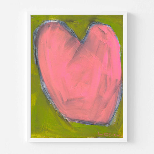 Love Note 3 art print: a pink heart with a gray-blue outline on an olive-green background, in a white frame