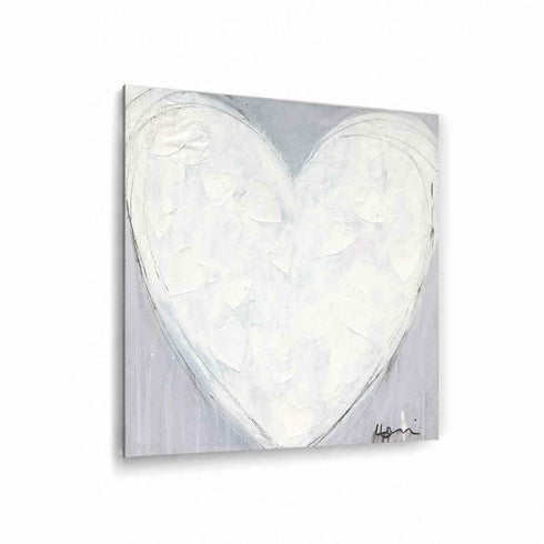 Morning My Love art print of a textured white heart filled with small white hearts on a gray background, printed on brushed aluminum