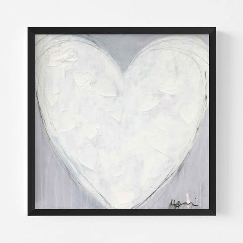 Morning My Love art print of a textured white heart filled with small white hearts on a gray background, in a black frame