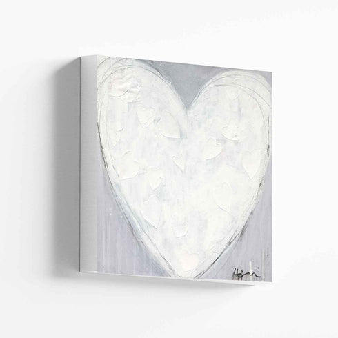 Morning My Love art print of a textured white heart filled with small white hearts on a gray background, printed on stretched canvas