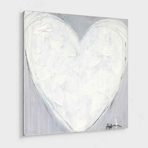 Morning My Love art print of a textured white heart filled with small white hearts on a gray background, mounted under plexi with a frameless finish