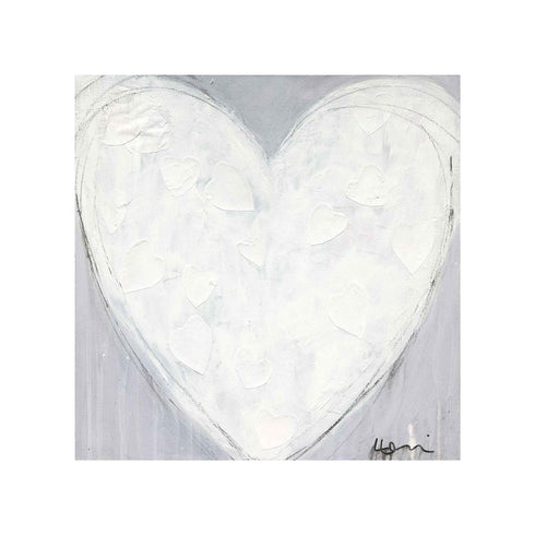 Morning My Love art print by Kerri Rosenthal: a thick, textured white heart outline filled with small scattered white heart shapes on a soft gray background, signed in the corner, shown as an unframed print