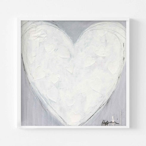 Morning My Love art print of a textured white heart filled with small white hearts on a gray background, in a white frame