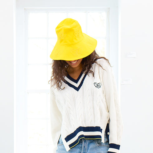 Stylish sunshine yellow sunny daze cotton bucket hat big brim and embroidered details - cute designer bucket caps hats by Kerri Rosenthal