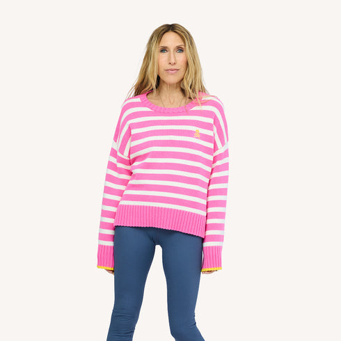 SoulCycle x KR Soul Brigade pink stripe sweater pullover in 100% cotton with a tiny skull by Kerri Rosenthal