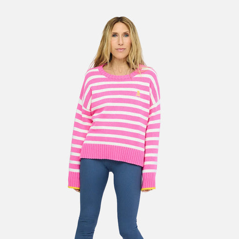 SoulCycle x KR Soul Brigade pink stripe sweater pullover in 100% cotton with a tiny skull by Kerri Rosenthal
