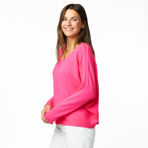 Camille V Neck 100% Cashmere Sweater hot pink - cute designer fashion sweaters - Spring 2024