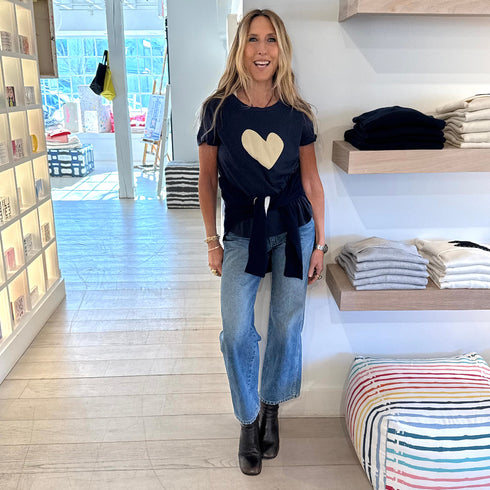 KR Suke heart indigo blue cotton tee with a beige heart - Shop women's cute tees by Kerri Rosenthal