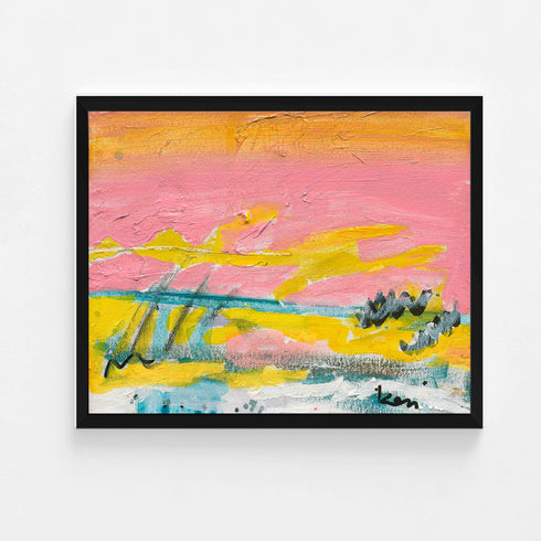 Sunset Summer art print: a horizontal landscape of a pink sky with an orange-gold band at the top, streaks of sunshine yellow, a teal horizon line, gray scribbled reeds and a white and teal foreground, in a black frame