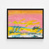 Sunset Summer art print: a horizontal landscape of a pink sky with an orange-gold band at the top, streaks of sunshine yellow, a teal horizon line, gray scribbled reeds and a white and teal foreground, in a black frame