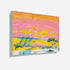 Sunset Summer art print: a horizontal landscape of a pink sky with an orange-gold band at the top, streaks of sunshine yellow, a teal horizon line, gray scribbled reeds and a white and teal foreground, printed on stretched canvas and shown at an angle