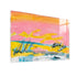 Sunset Summer art print: a horizontal landscape of a pink sky with an orange-gold band at the top, streaks of sunshine yellow, a teal horizon line, gray scribbled reeds and a white and teal foreground, mounted under plexi with a frameless finish