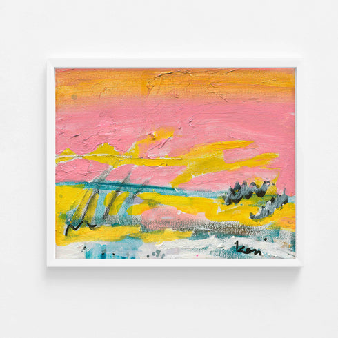 Sunset Summer art print: a horizontal landscape of a pink sky with an orange-gold band at the top, streaks of sunshine yellow, a teal horizon line, gray scribbled reeds and a white and teal foreground, in a white frame