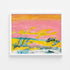Sunset Summer art print: a horizontal landscape of a pink sky with an orange-gold band at the top, streaks of sunshine yellow, a teal horizon line, gray scribbled reeds and a white and teal foreground, in a white frame