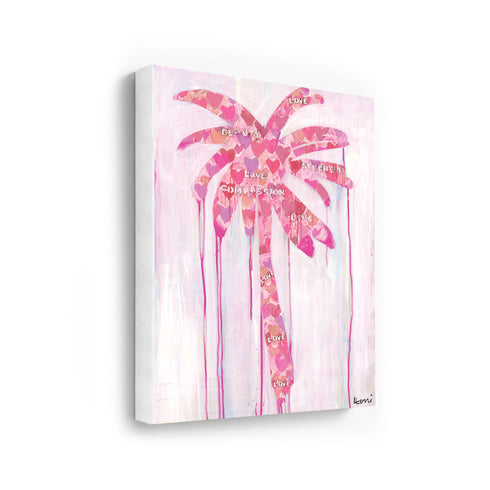 Where Love Grows art print: a palm tree built from layers of pink, coral and lavender hearts with the words love, beauty, strength and compassion, on a pale pink ground with pink paint drips, printed on stretched canvas and shown at an angle