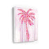 Where Love Grows art print: a palm tree built from layers of pink, coral and lavender hearts with the words love, beauty, strength and compassion, on a pale pink ground with pink paint drips, printed on stretched canvas and shown at an angle