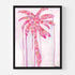 Where Love Grows art print: a palm tree built from layers of pink, coral and lavender hearts with the words love, beauty, strength and compassion, on a pale pink ground with pink paint drips, in a black frame