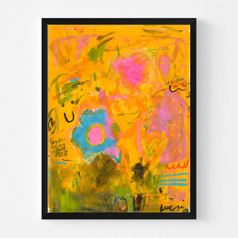 Wild Love Garden art print: a golden-orange field layered with a blue flower with a pink center, a pink blossom, olive-green patches and loose black handwritten marks, in a black frame