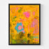 Wild Love Garden art print: a golden-orange field layered with a blue flower with a pink center, a pink blossom, olive-green patches and loose black handwritten marks, in a black frame