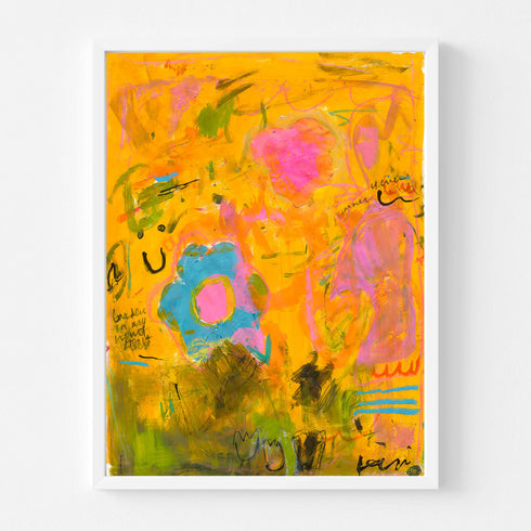 Wild Love Garden art print: a golden-orange field layered with a blue flower with a pink center, a pink blossom, olive-green patches and loose black handwritten marks, in a white frame