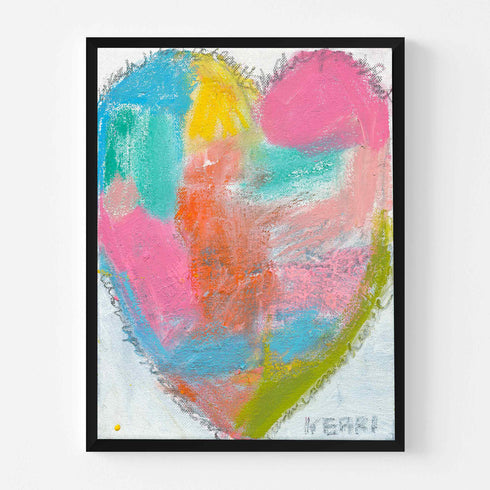 Wish Upon a Heart art print: a heart of soft patches of sky blue, teal, sunshine yellow, hot pink and coral with a lime-green stroke along one edge and a scribbled gray outline, in a black frame